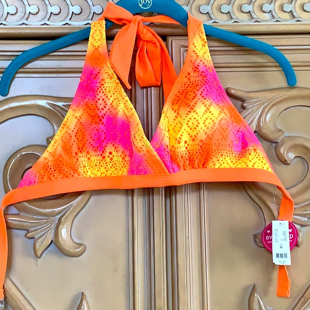 womens juniors bikini top neon lace front nwt 16